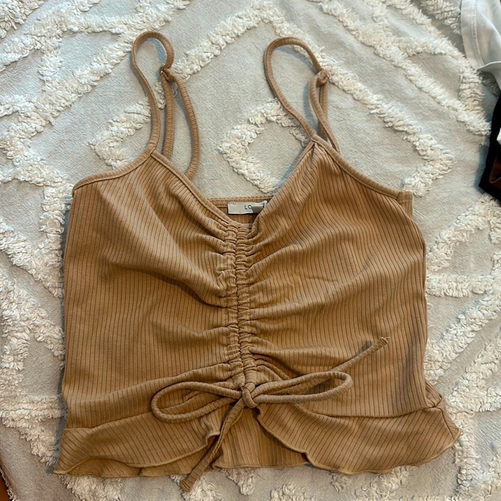 SMALL LOVE TREE CROP TOP BROWN/TAN COLOR AJUSTABLE STRAPS AND FRONT SEAM